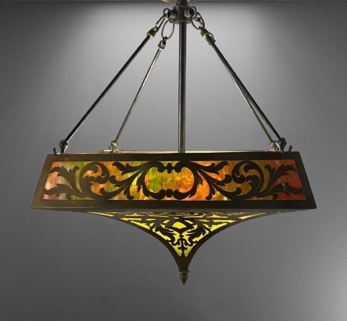 Pierced Brass Slag Glass Inverted Dome Light